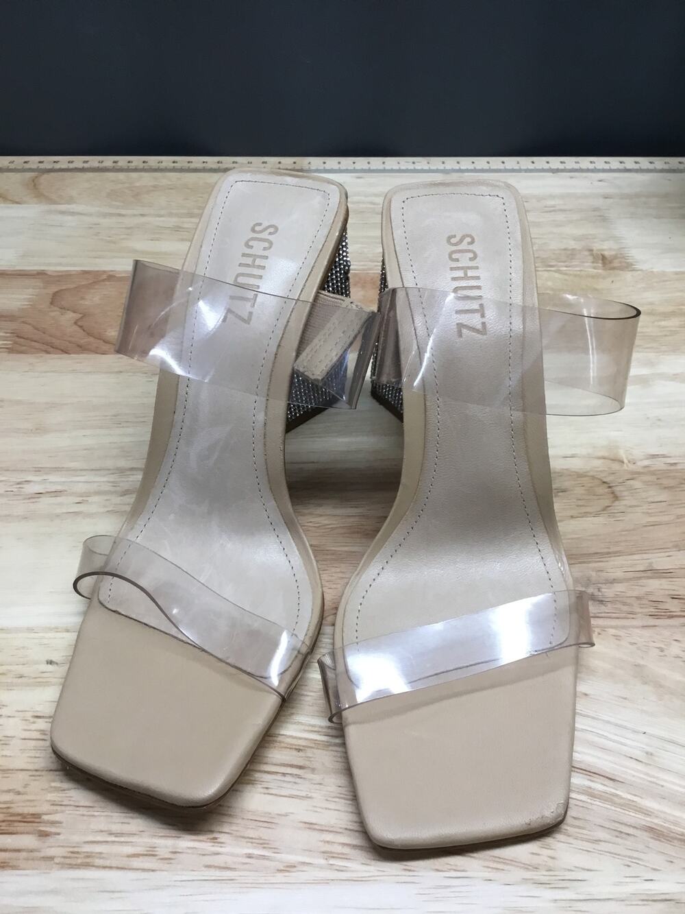 Schutz Goring Ariellen High Pump Flare Heels Women's 6.5B Clear Rhinestone beige